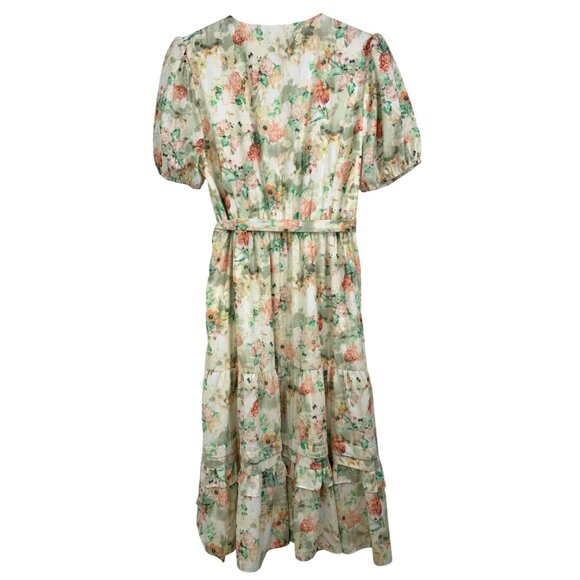 Alex Marie Pink Floral Wrap Midi Dress Tiered Puff Short Sleeves Sz 12 RD10175 - Picture 2 of 11